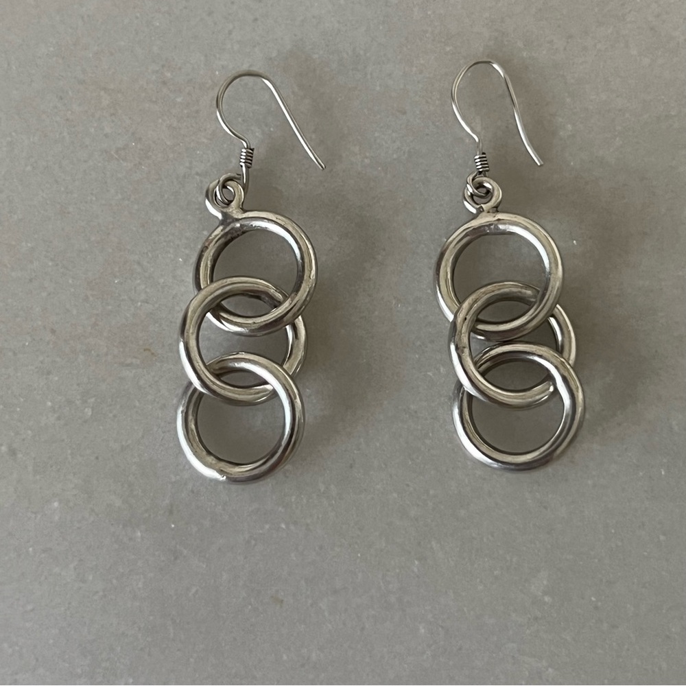 Sterling Silver Solid Three Ring Dangle Earrings - image 5